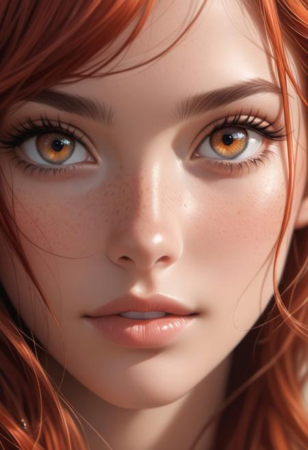 A realistic close-up digital painting of a Norwegian girl with vibrant red hair cascading in soft waves around her face. Her delicate freckles are sprinkled across her cheeks and nose, giving her a youthful and natural look. She gazes directly at the viewer with intense, mesmerizing eyes, the painting's focus on her clear, bright eyes framed by long, detailed eyelashes. Her lips are softly parted, revealing a hint of her open mouth, adding to the intimate nature of the portrait.
Her beautiful features are rendered with lifelike detail, capturing the essence of youthfulness and innocence. The background is softly blurred with a bokeh effect, drawing full attention to her face and creating a gentle contrast between her sharp features and the soft light around her. The warm tones of her hair and complexion are subtly enhanced, giving the image a harmonious, serene feel. This artwork captures the beauty of simplicity, focusing on the fine details of her expression, hair, and skin.