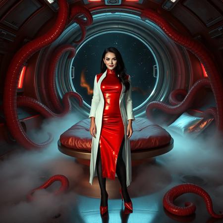 Regal high-society elegant slender norvegian alluring rich lady with porcelain skin and raven hair, wearing high-gloss red stilettos, glossy  red foil tight fitted qipao, white open laboratory robe and black silk stockings. She stands poised in the center of a bizarre, otherworldly spaceship cabin, weird. Luxurious glossy satin round bed with glossy foil pillows under slimy tentacles canopy at background, surrounded by an eerie, pulsing fog that wafts up from holes in  the polished metal floor , which reflects the dim, ominous lighting. The air is thick with malevolent energy as giant, twisted tentacles erupt from the floor, as if alive, while a massive, curved observation porthole looms behind her, offering a glimpse into the dark, starry expanse of outer space. Her face is a masterful blend of beauty and horror, with a sly, evil grin spreading across her lips, accentuated by meticulous, vintage-inspired makeup, in the style of a haunting, retro-futuristic 1950s sci-fi nightmare, reminiscent of the works of H.R. Giger, Zdzisław Beksiński, and Simon Stalenhag.