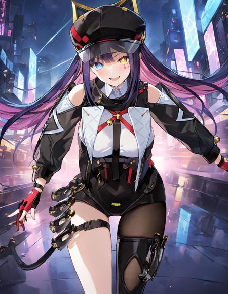 zzbsaa, solo, 1girl, heterochromia, blue eyes, long hair, black hair, pink hair, looking at viewer, multicolored hair, bangs, yellow eyes, mechanical cat tail,single thighhighs,