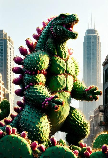 Ultrarealistic. sharp focus, dynamic lighting. play of light, Raytracing, Ultra detailed. (Prickly Pear Style). Gigantic Godzilla made of Prickly Pear destroying a city.