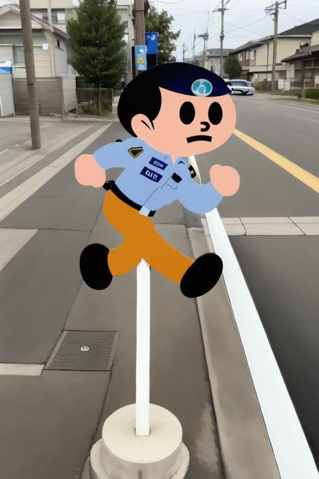 <lora:please_do_not_run_over:0.7>, 1boy, 1girl, :q, bench, building, car, fine art parody, flat color, full body, grass, hallway, house, lamppost, looking at viewer, open mouth, outdoors, parody, power lines, real world location, road, running, short hair, sidewalk, sign, signature, sitting, solo, standing, tree, walking, window, bangs, (police:1.4)