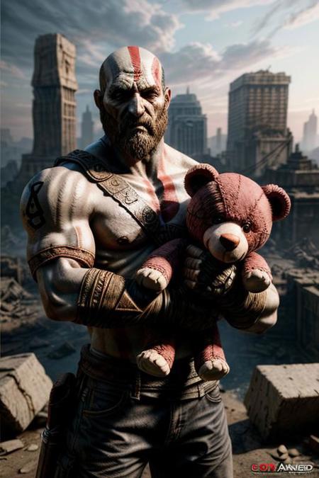 god of war, standing, hugging a pink teddy bear, against the backdrop of the (ruined city:1.1)
unreal engine
style of Artgerm
finely detail, ultra-detailed, highres