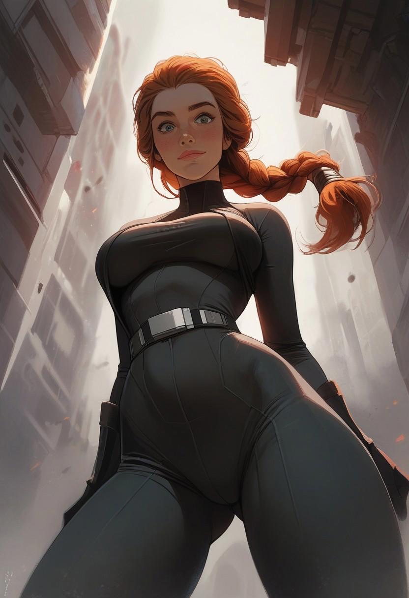 score_9, score_8_up, score_7_up, realistic, a woman, cute perfect face,
Long straight ginger hair girl, braided, nerdy,
 muscular, red glowing eyes, Heroic pose, standing, happy, smirk, freckles, solo, slender body, large tits,  wearing black hi-tech star wars-like hero suit, bodysuit, tight bodysuit, red hero suit, superhero, looking at viewer, dynamic angle,
from below, spread legs,
very pretty, perfect breasts, hips, thin,
 tight ponytail, long sleeve gloves, bare shoulders,
standing,
(round face:1.2), pretty smile, cleavage,
thick thighs, thick lips, big ass, leaning back, sideboobs, looking at viewer, bizarre,