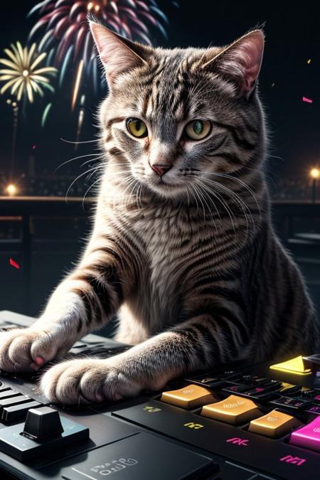 (masterpiece:1.2), (best quality:1.2), highly detailed, realistic texture, sharp details, extremely delicate and beautiful, realistic cg 8k wallpaper
Cat DJ with RGB paws, spinning tunes with keyboards, confetti and fireworks
<lora:add-detail-xl:3> <lora:RGB_Keyboard_themed:1>