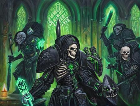 Intricate semi-realistic high resolution painting of simple background, grimdark, <lora:Oldhammer:1>, an ancient skeletal liche wearing black obsidian armor with green magical glowing runes attacking a trio of surprised adventurers in a massive throne room, life-like shadings and texturing, smooth blending