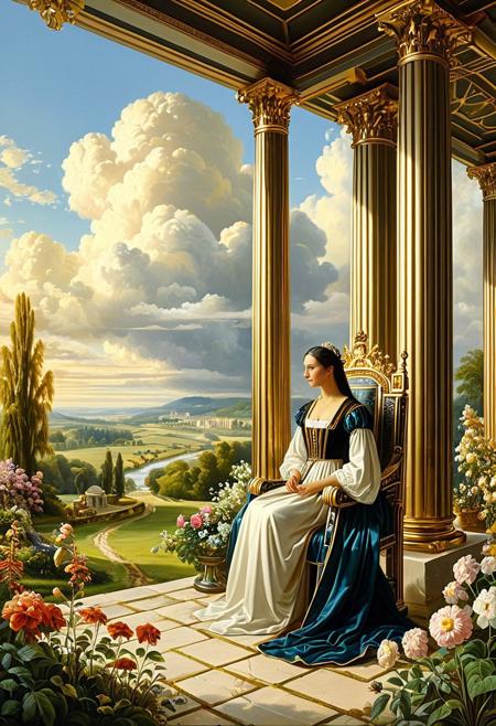 RetroBG,
A throne room suspended in clouds, where a fashion-clad ruler with cybernetic eyes surveys a fractured empire, 19th century realism, romantic pastoral scenes, detailed figure painting, peasant women in nature, soft golden light, tranquil rural settings, lush floral landscapes, naturalistic detail, harmonious composition, garden scenes, classical realism, peaceful domestic labor, warm atmospheric tone, idyllic countryside, academic painting technique, narrative portraiture in nature