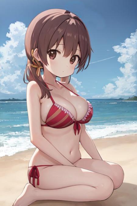 <lora:Miyo-000005:0.7> iom, 1girl, brown eyes, bikini, beach,