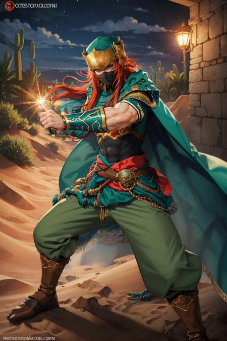 masterpiece, best quality, ascJoshua, mask, turban, green cape, armor, green pants, clothes around waist, boots, standing, fighting stance, night, desert, looking at viewer, muscular <lora:fejoshua-nvwls-v1-000009:1>