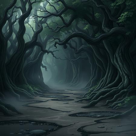A liminal space in the Forest of Death, as seen in Naruto. The dense, overgrown trees are twisted and gnarled, their thick branches reaching out like fingers in the dim light. A dense mist hangs in the air, partially obscuring the thick vegetation and the dark shadows that stretch across the ground. The ground is muddy and uneven, with large pools of stagnant water reflecting the eerie stillness.
The forest is completely empty—no sounds of animals, no movement, only the oppressive silence and the occasional rustle of leaves. The once vibrant environment now feels still and abandoned, as if time itself has paused here. The ominous atmosphere of the Forest of Death is heightened by the absence of life, leaving behind only the shadowy, dangerous landscape. The trees form tight, oppressive walls, as if trapping anyone who dares to enter in a world of quiet, suffocating isolation.