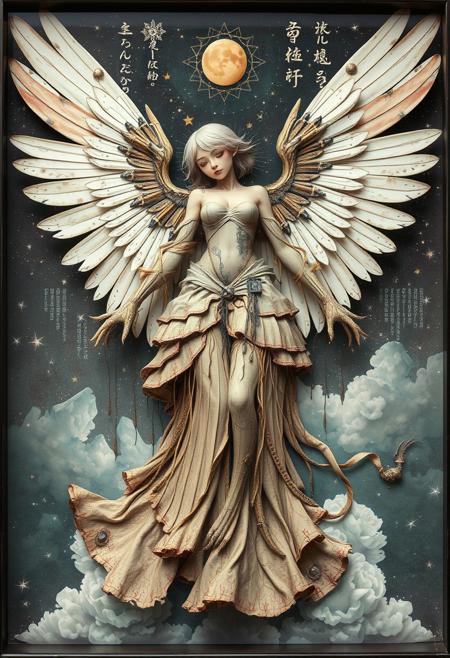 A fallen angel with mechanical wings, its body part organic, part monstrous, dripping with dark energy
,
dreamy surreal collage, pastel celestial colors, vintage assemblage art, shadow box diorama, nostalgic ephemera, magical girl elegance, fragmented cosmic dreamscape, flowing anime linework, ethereal shoujo beauty, layered fantasy composition, poetic visual storytelling