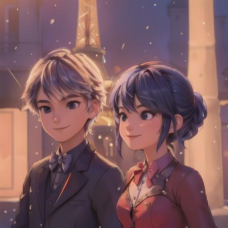 (girl and boy), smiling,  couple, ((high resolution illustration)), ((extremely detailed)), Marinette, (Adrian), <lora:MarinetteAdrian Ball Outfits:0.8>, in Paris, Paris, near eiffel tower, close up