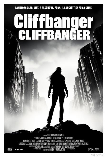 A movie poster for the porn movie titled: "Cliffbanger". with tagline and credits.