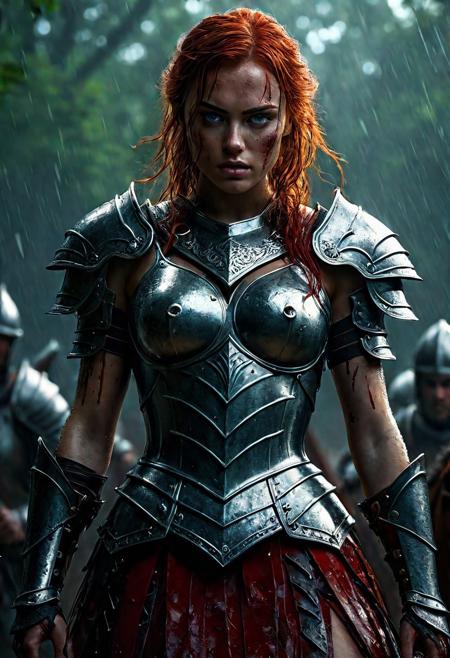 Ultra detailed digital art masterpiece Warrior girl dressed in a iron Armor and red mini skirt, Standing on a battlefield at the head of an army of knights, where a bloody slaughter is taking place, standing in battle pose, a dark epic fantasy, perfect lighting, beautiful Sadie Sink as Warrior girl, attractive woman, elegant, beautiful woman of athletic body,  shot of the whole Warrior girl, unreal engine 5 nanite quality, dark fantasy, dark environment, very stormy day, LOTR style, dark washed out eyeliner, no make up, natural bloody pale face, realistic blue eyes, ultra detailed atmospheric details, beautiful glowing effects, sparkle effects, realistic body proportions, beautiful face proportions, complex masterpiece, wavy red hair, creative glowing detailed tattoos, complex physics, enhanced colors, complimentary colors, ultra detailed raytracing reflections, Ultra detailed complex background, environment feels alive, direct eye contact, dramatic lighting, wet and sweaty skin, beautiful firm Breasts, Daylight, Concept art by Greg Rutkowski, adding to the intense and dynamic atmosphere of the scene.