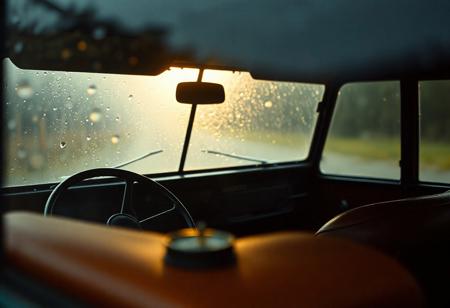 interior shot of a 1960s Land Rover Series I, raindrops on window, foggy glass, vintage dashboard details, cinematic soft light coming through windshield, warm tones, leather seat textures, old compass on dash, moody and nostalgic, shallow depth of field
--ar 4:3 --style film --v 5
<lora:classic_cars_interior_detail:0.9> <lora:cinematic_moody_lighting:0.8>