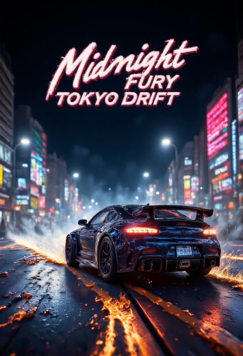 "A neon-lit city street at night, with a high-performance car racing through the rain-soaked roads, leaving a trail of smoke and sparks. The atmosphere is electric, with skyscrapers glowing in the background and headlights cutting through the mist. The title text 'Midnight Fury: Tokyo Drift' is centered above the action, with a sleek font adding to the adrenaline-fueled energy."    , aidmaMJ6.1, aidmaHyperrealism, aidmaimageupgrader