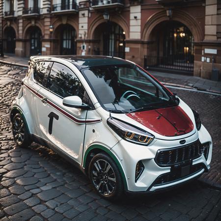 1(dr1 city car) (red, white and green striped:1.2) in Rome, Colosseo in the behind, early morning summer dawn light, masterpiece, best quality, anime, highly detailed background, perfect lighting, best quality, 4k, 8k, ultra highres, raw photo in hdr, sharp focus, intricate texture, best quality, 4k, 8k, ultra masterpiece, 4K, high quality, dgtlv2   <lora:dr1citycar-000005:1>