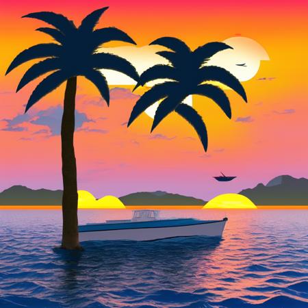 (bitboats:1) an image of a sunset with a boat and palm trees <lora:BitBoats_LoraBooth:1>