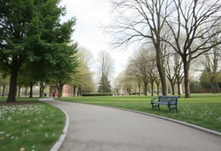 A highly detailed, semi-realistic 3D digital illustration style.  POV, eye level View from  walking  in a Green Park, Spring, cold weather.