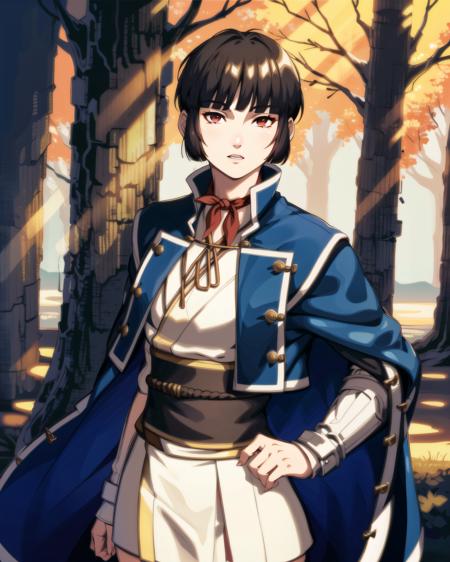 (forest, gorgeous view)
(cowboy shot), sfw,  (masterpiece), (best quality:1.0), (ultra highres:1.0), detailed eyes, detailed clothing texture, beautiful face, solo, Isabeau 
brownish red eyes, samurai uniform, blue coat with white trim, red kerchief, white long-sleeved undershirt, skirt, gauntlet
<lora:Isabeau_SMT4:0.6>