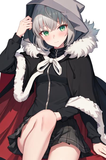 best quality, masterpiece, highres, solo, {gray_fgo:1.15}, bangs, grey_hair, green_eyes, short_hair, hair_between_eyes, cloak, cape, blush, closed_mouth, 1girl, fur_trim, hood, hood_up, looking_at_viewer, simple_background, white_background, portrait