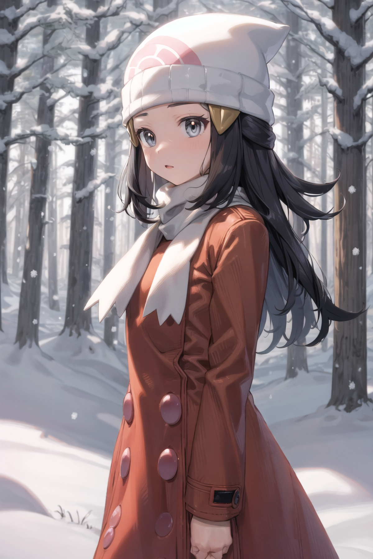 masterpiece, best quality, <lora:DawnLora:0.7>, dawn \(pokemon\), forest, pine tree, snow, red coat, white headwear, white...