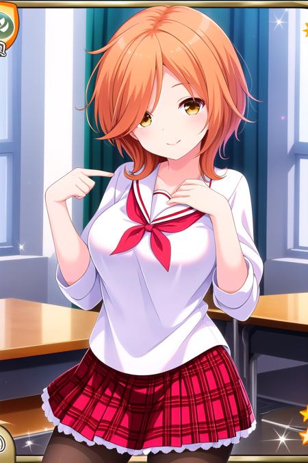 (masterpiece, best quality), highly detailed background, perfect lightingbest quality, yoshinagawakana, solo, orange hair, brown hair, short hair, yellow eyes, brown eyes, breasts, white shirt, sleeves rolled up, red neckerchief, <lora:GoodHands-vanilla:1>, red skirt, plaid skirt, school uniform, black pantyhose, smile, closed mouth, pink lips, <lora:Yoshinaga-Wakana:0.7>