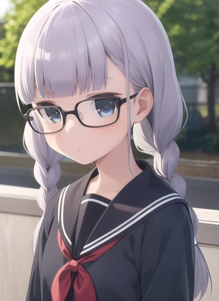 1girl, solo, braid, glasses, twin braids, bow, school uniform, long hair, upper body, red bow, blue eyes, hair bow, sailor collar, looking at viewer, serafuku, bangs, open clothes, cardigan, closed mouth, black sailor collar, shirt, grey hair, twintails