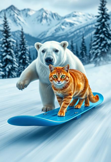 high definition, high detail, photo realistic, 8k, dynamic, digital image of a polar bear and a ginger tabby cat snowboarding together. The polar bear, with its white fur and large build, is positioned behind the cat, both appearing to glide smoothly on a single blue snowboard. The cat, with its bright orange fur and green eyes, stands confidently at the front. The background is a snowy landscape with pine trees and mountains, creating a sense of motion and adventure. The overall colour palette is cool, with blues and whites dominating, contrasting with the warm tones of the cat's fur.