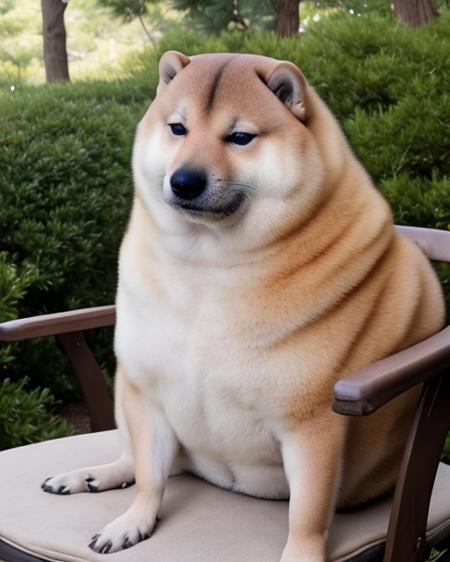 <lora:Round_animal:.8> a cinematic portrait of fat  rotund, circular, round animal, cheems shiba inu outdoors sitting on a chair  <lora:Cheems_50_2-000001:.8>