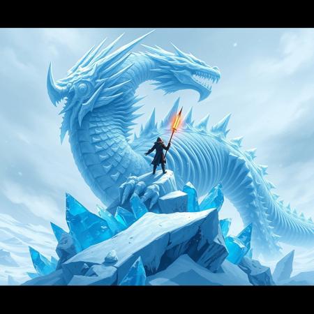 Subject: Massive frozen dragon, encased in ice, ancient and mystical
    Foreground: Small human figure, black clothing, wielding a glowing orange weapon, standing atop the dragon
    Dragon: Enormous skeletal structure, sharp icy scales, majestic horns, detailed icy patterns
    Ice: Shards and spikes of vibrant blue ice, jagged and crystalline, radiating cold energy
    Setting: Arctic tundra, snowy landscape, overcast sky with swirling snow
    Pose: The figure stands confidently, confronting or inspecting the dragon, dwarfed by its size
    Lighting: Soft, cool blues and whites, contrasted by the warm orange glow of the weapon
    Atmosphere: Chilling, awe-inspiring, mysterious, blending power and serenity
    Mood: Epic, adventurous, a sense of discovery and confrontation
    Style: High-detail fantasy illustration, anime-inspired, dynamic and dramatic composition
This artwork captures the contrast between the immense frozen dragon and the lone figure, evoking themes of exploration, mystery, and the balance between power and fragility in a fantastical, icy setting.