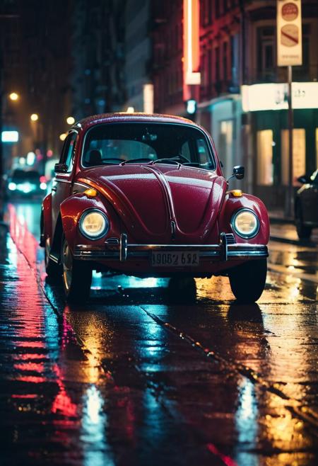 cinematic still, a volkswagen beetle driving on a city street at night, neon light reflecting on the wet streets, headlights illuminating the scene and casting a warm glow on the wet pavement <lora:MoreArtFull_v1:1>, emotional, harmonious, vignette, highly detailed, high budget, bokeh effect, cinemascope, moody, epic, gorgeous, film grain, grainy
