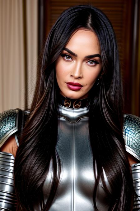 (Megan_Fox_512-2400:1.1), easynegative, <lora:add_detail:1>, long dark hair, 8k, red lipstick, masterpiece, best quality, good lighting, good contrast, best photography, realistic, realistic textures, portrait, battle armor, chain mail, medieval, fantasy setting, (high fantasy:1.1), choker, (plate armor:1.1), (pauldrons:1.1)