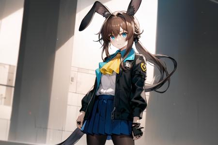 ognx style, 1girl, solo, long hair, looking at viewer, bangs, blue eyes, skirt, brown hair, shirt, long sleeves, animal ears, hair between eyes, jewelry, standing, jacket, white shirt, ponytail, pantyhose, sidelocks, cowboy shot, pleated skirt, open clothes, miniskirt, rabbit ears, open jacket, blue skirt, black jacket, black pantyhose, ascot, ring, neck ring, multiple rings, thumb ring, debris, blue ascot, amiya (arknights)  <lora:Arknights style:1>