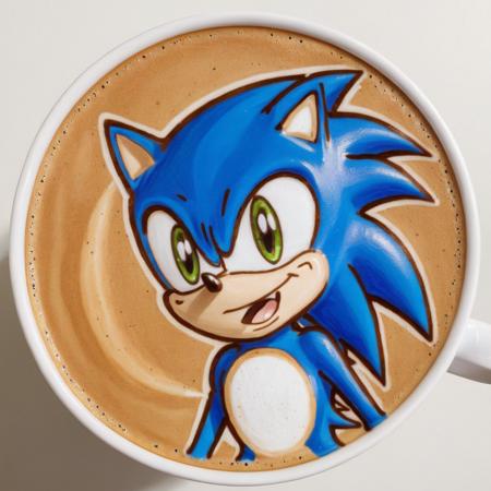 a cup of coffee with a drawing of a sonic, <lora:latte_art:0.45>