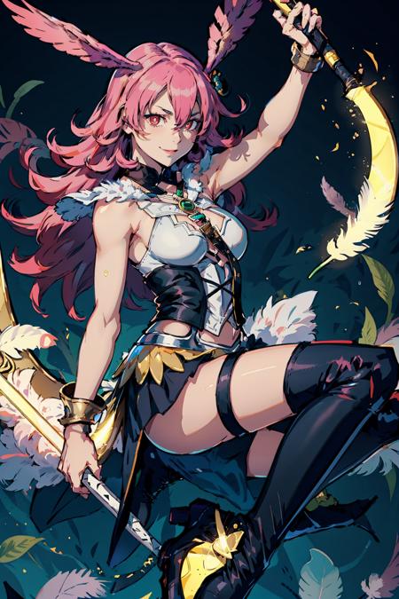 <lora:Valkyrie:0.8>
Hildr, 1girl, solo, long hair, looking at viewer, smile, pink hair, red eyes, thighhighs, holding, cleavage, weapon, boots, armpits, black footwear, holding weapon, thigh boots, feathers, polearm, head wings, shield, spear, holding polearm