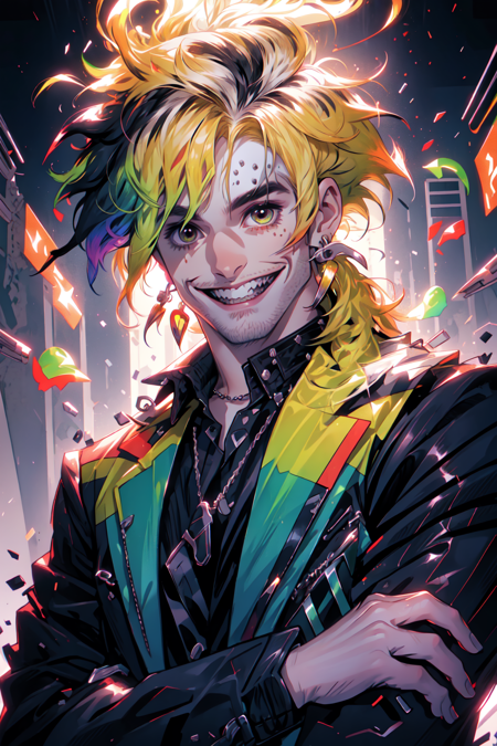 Niji Slime, looking at viewer, smile, blonde hair, shirt, 1boy, jewelry, jacket, upper body, male focus, multicolored hair, earrings, teeth, necklace, grin, black shirt, gradient hair, facial hair, scar, sharp teeth, stubble<lora:Niji_Slime:1>