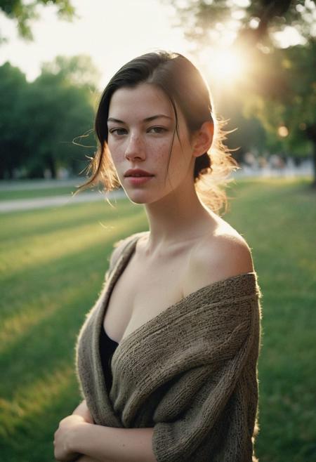 Grainy lowfi desaturated film photograph taken in a city park at dusk. Heavy Bokeh effect with focus on her green eyes, blurry background. A pretty young woman of northern Italian heritage wraps her brown cardigan around her bare shoulders. Goosebumps on a bare exposed shoulder. She wears the cardigan over a little summer sun dress and is chilly as the cool wind blows loose stands off her long black hair in her eyes. Tight ponytail. Fine Delicate thin gold chain necklace. She resembles Liv Tyler. The setting sun casts soft light into her eyes. Full soft cheeks and softer jawline, soft rounder oval face with the lightest freckles.