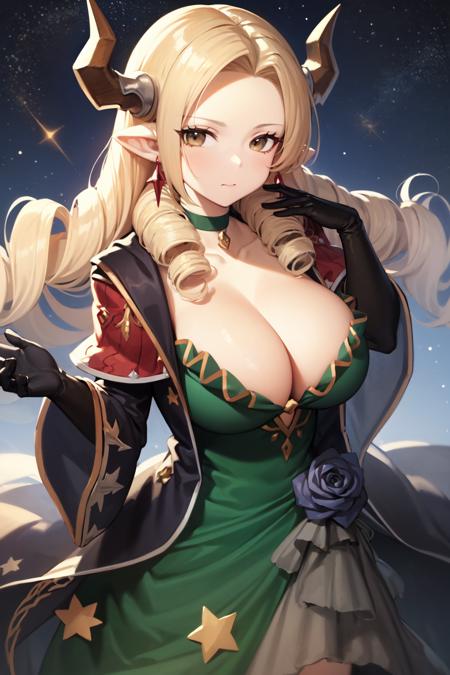 mariather, 1girl, solo, earrings, choker, robe, green dress, black gloves, wide sleeves, cleavage, gloves, looking at viewer, long sleeves, collarbone, night sky, star (symbol), flower, closed mouth, night, starry sky, long dress, dress <lora:mariather_V4-10:0.7>