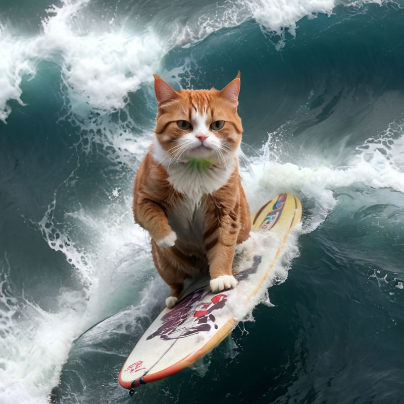 A cat surfing a wave on a surfboard in the ocean.