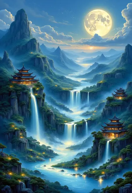 DP_Fantasy Landscape Creation_Night Scene Waterfall Generation