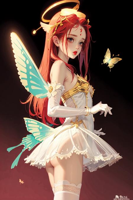 1girl, solo, long hair, blonde hair, gloves, dress, bare shoulders, small breasts, wings, white dress, lips, halo, facial mark, gauntlets, forehead mark, angel, red lips, mechanical butterfly wings, mechanical hands, nipples, see through,  peacock tails,
 <lora:matsuo:1>