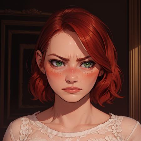 Best_QualityPos, RAW photo, intricate details, best quality, 8k uhd, soft lighting, 1girl, solo, green eyes, red hair, short hair, freckles, sad expressions <lora:Emma_Stone:0.7>