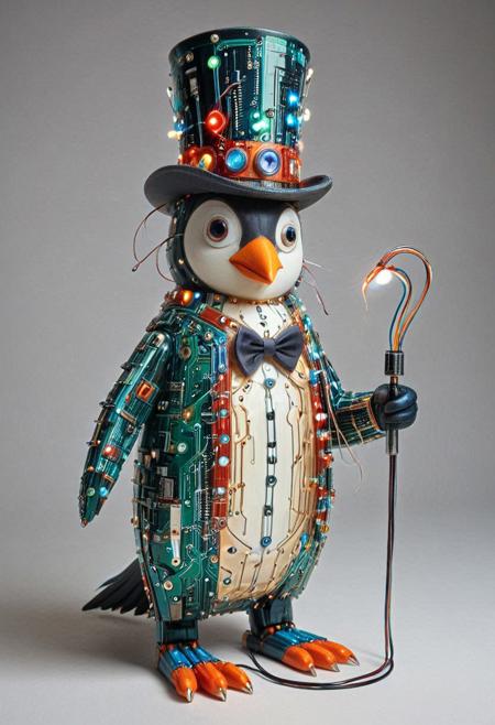 embedding:lazmpos, Transistors, pcb_style, LED, colorful LED lights, RGB lights, red green and blue penguin, art deco, top hat, cane, monocle,RetroBG