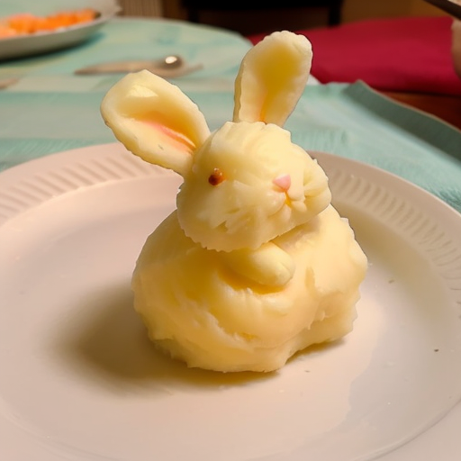 mashed potatoes shaped like a cute bunny<lora:taters:1>