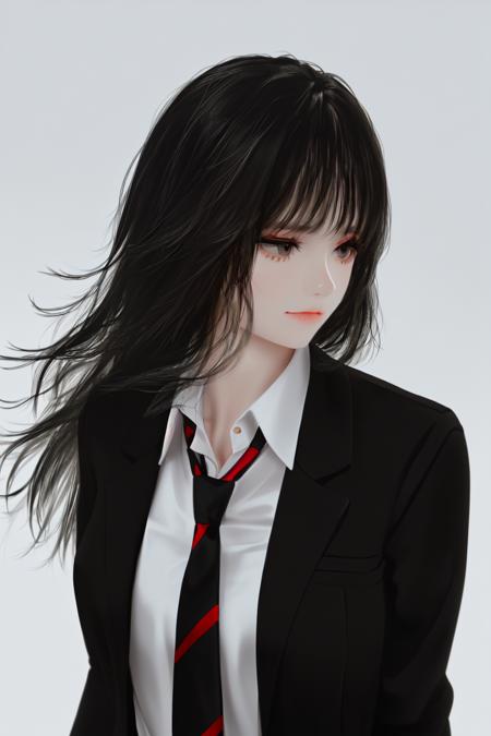 skistyle, 1girl, solo, black hair, long hair, grey background, shirt, collared shirt, closed mouth, bangs, necktie, jacket, black eyes, black jacket, white shirt, simple background, looking away, upper body, red necktie, striped necktie, striped, looking to the side, diagonal stripes, portrait