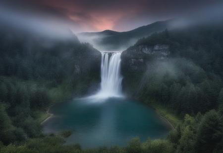 masterpiece, best quality, amazing quality, very aesthetic, absurdres, photo, photorealistic, hd, high resolution, hyper realistic, HDR, UHD, 64K best quality, landscape, forest, waterfall, lake, mountain, hills, bleak colors, dark, fog, muted colors, dusk, twilight,