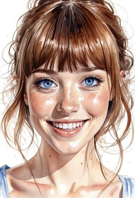 very beautiful lady, (freckles), big smile,blue hazel eyes, Full Bangs, dark makeup, hyperdetailed photography, soft light, head and shoulders portrait, cover,, Watercolor cartoon illustration on solid white background, enchanted, adorable, Digital Cartoon Illustration, a simple and charming design