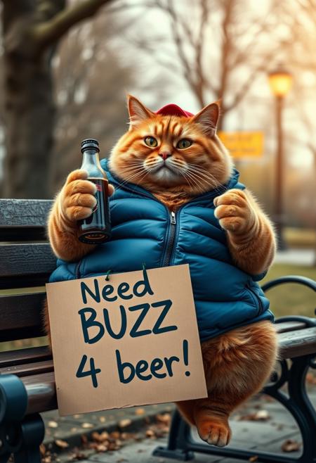 anthropomorphic Fat chubby ginger cat wearing a blue puffer vest and red cap sitting on park bench and drinking beer holding beer bottle with paw, cardboard sign with text "Need BUZZ 4 beer!", park, dynamic angle, warm hues, realistic, photorealism, hd, 8k, high definition, BREAK, score_9, score_8_up, score_7_up, score_6_up