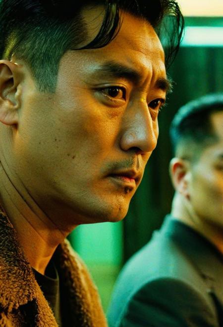 The texture of Wong Kar-Wai's movie, a strong man, followed by a group of gangsters, this man looks at you fiercely, the texture of the movie, ultra-high quality, 4K, outstanding, detailed