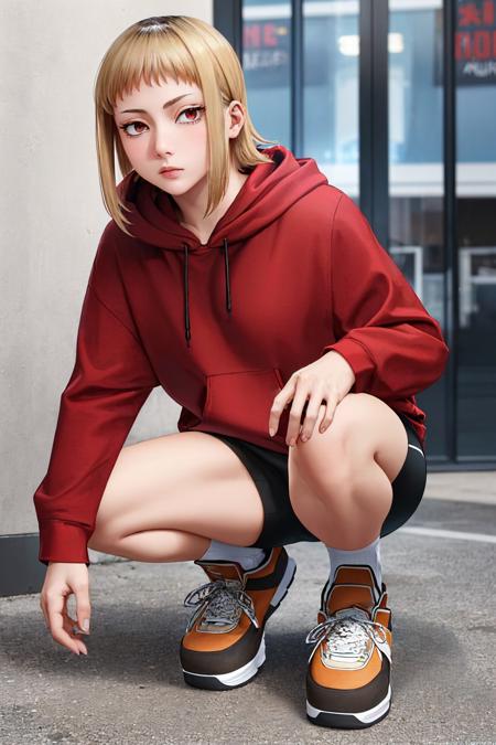 sawatari akane red hoodie hood down black shorts